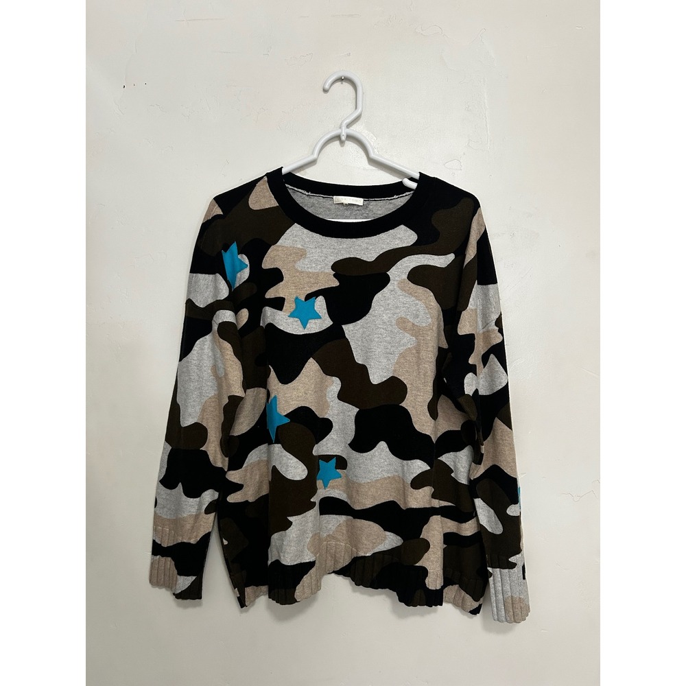 Lisa Todd Camo Star Cotton Cashmere Sweater Womens XL Camouflage Turquoise Blue
